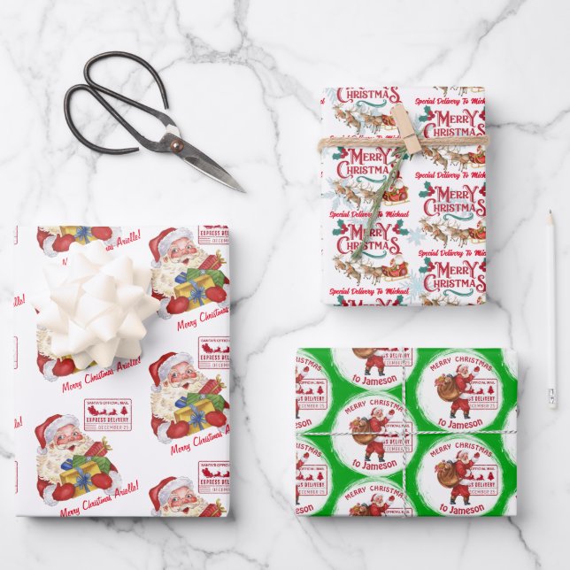 Santa with gifts special delivery custom name wrapping paper sheets (Front)