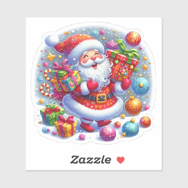 Santa With Gifts Under Snowflakes Sticker (Sheet)