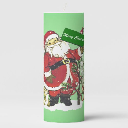 Santa With Green Merry Christmas Sign Tree Animals Pillar Candle