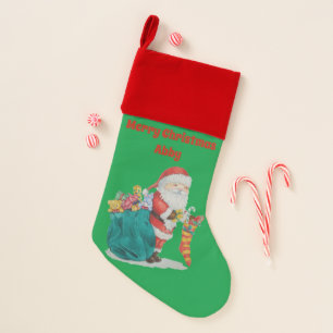 santa with green sack filled with christmas gifts stocking