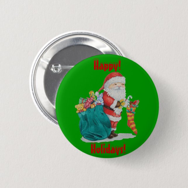 santa with green sack getting ready for christmas pinback button (Front & Back)