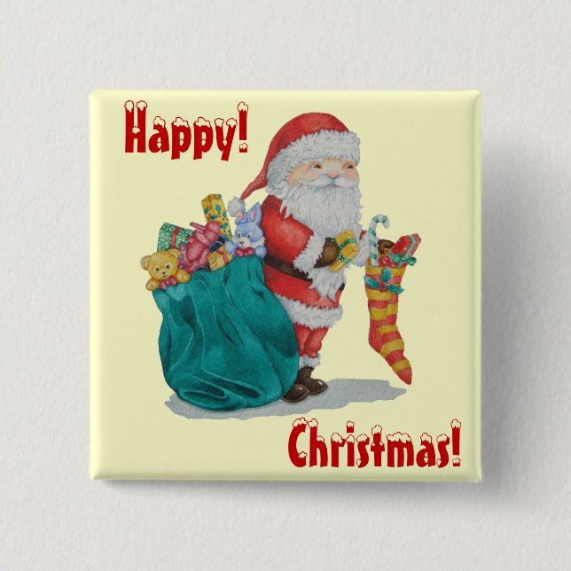 santa with green sack getting ready for christmas pinback button (Front)