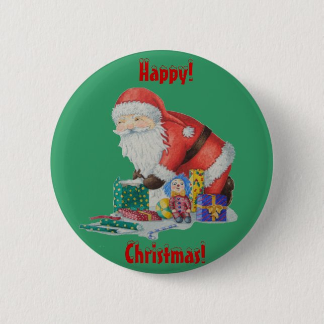 santa with green sack getting ready for christmas pinback button (Front)