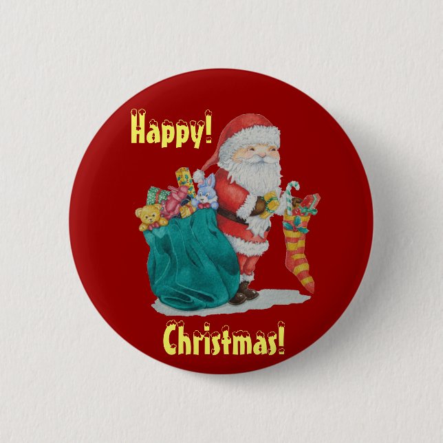 santa with green sack getting ready for christmas pinback button (Front)