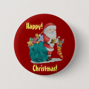 santa with green sack getting ready for christmas pinback button