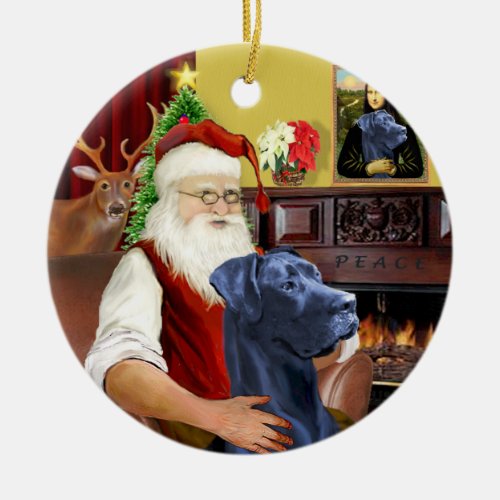 Santa with his Blue Great Dane natural ears Ceramic Ornament