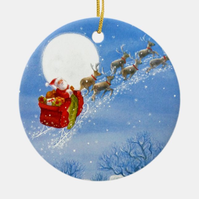 Santa with his flying Reindeer Ornament (Front)