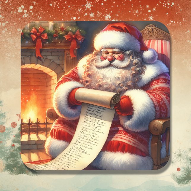 Santa with his List Personalized Square Sticker (Creator Uploaded)