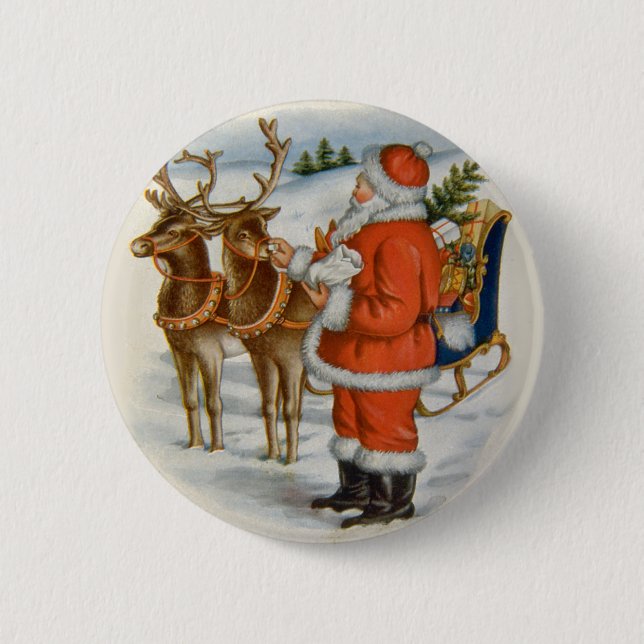 Santa With His Reindeer Button (Front)