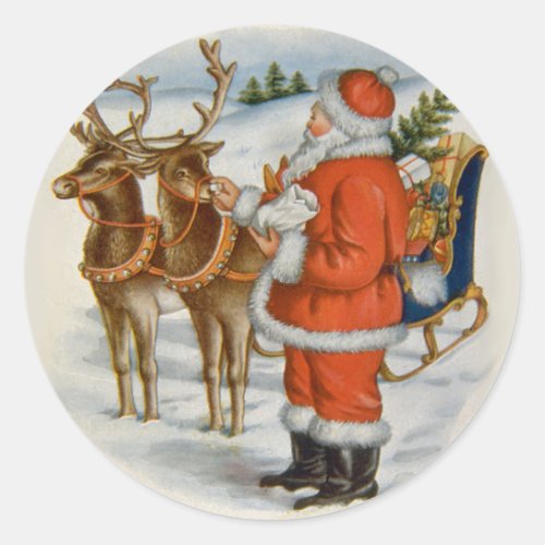 Santa With His Reindeer Classic Round Sticker