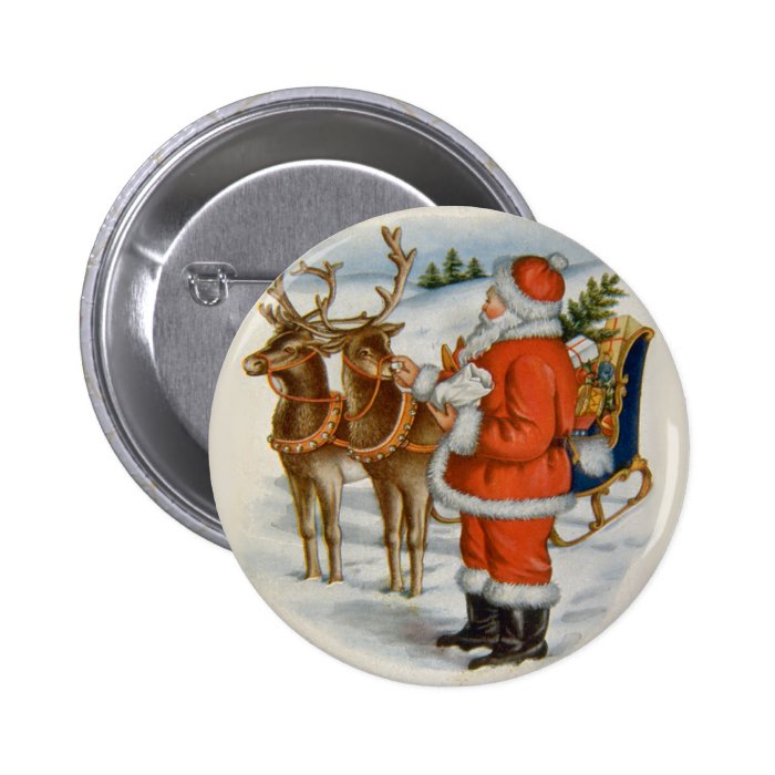 Santa With His Reindeer Pinback Button