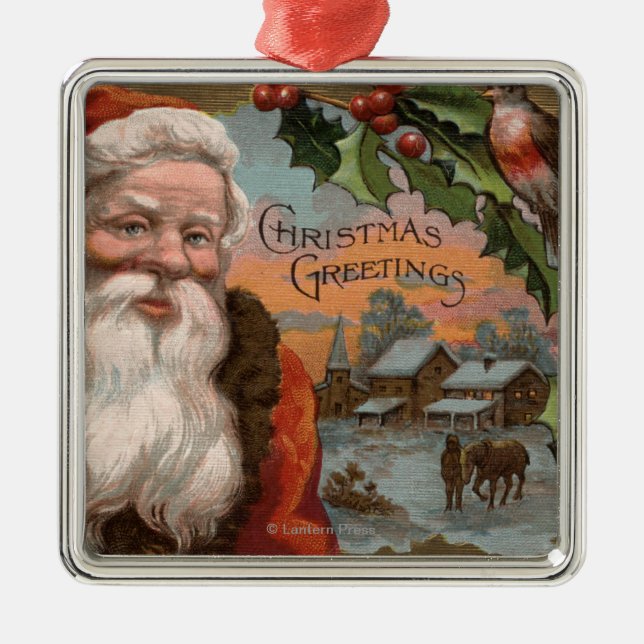 Santa with Holly, Village Scene Metal Ornament (Front)