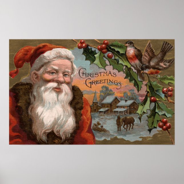 Santa with Holly, Village Scene Poster (Front)