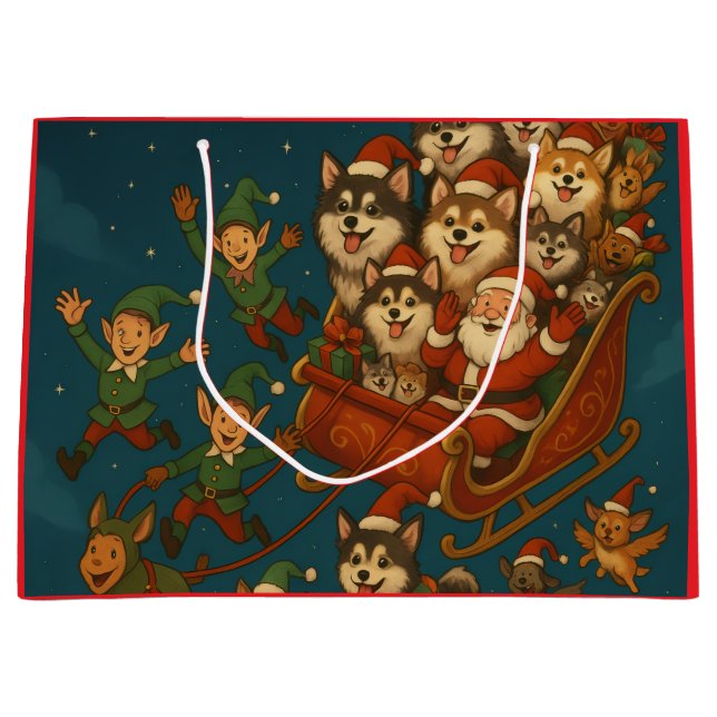 Santa with joyous pups and elves! large gift bag (Front)