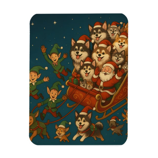 Santa with joyous pups and elves! magnet (Vertical)