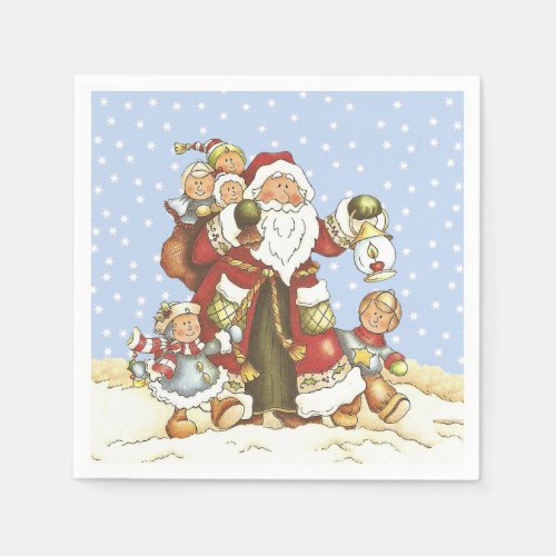 Santa With Lantern Children in Falling snow Paper Napkins