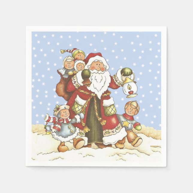 Santa With Lantern Children in Falling snow Paper Napkins (Front)
