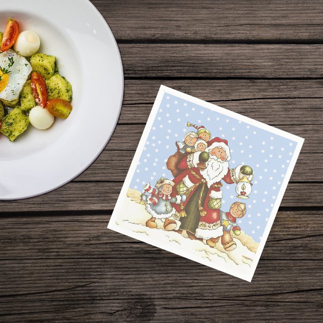 Santa With Lantern Children in Falling snow Paper Napkins (Santa Claus with children walking in snow blue sky on Christmas napkins.)