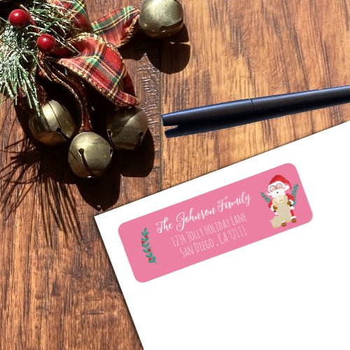 Santa with List Pink Holiday Return Address Labels