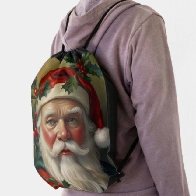 Santa With Mistletoe Drawstring Bag (Made from 100% polyester constructed with reinforced black trim,  solid black back. 
)
