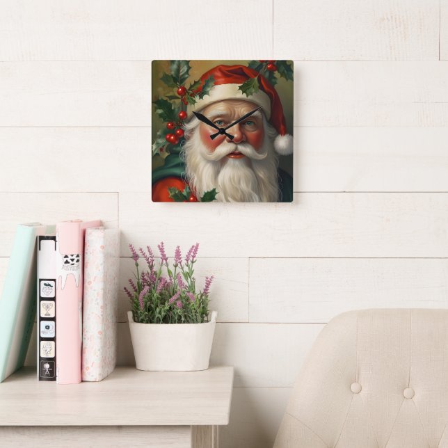 Santa With Mistletoe Square Wall Clock (Reading Room)