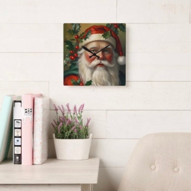 Santa With Mistletoe Square Wall Clock (Wall Clock backside hanging slot  non-ticking design. 2 sizes: 8" diameter or 10.75" diameter.
)