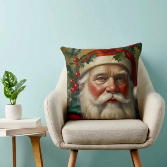 Santa With Mistletoe Throw Pillow (Throw Pillow 100% polyester heavyweight stretch material. Hidden zipper Made in the USA.)