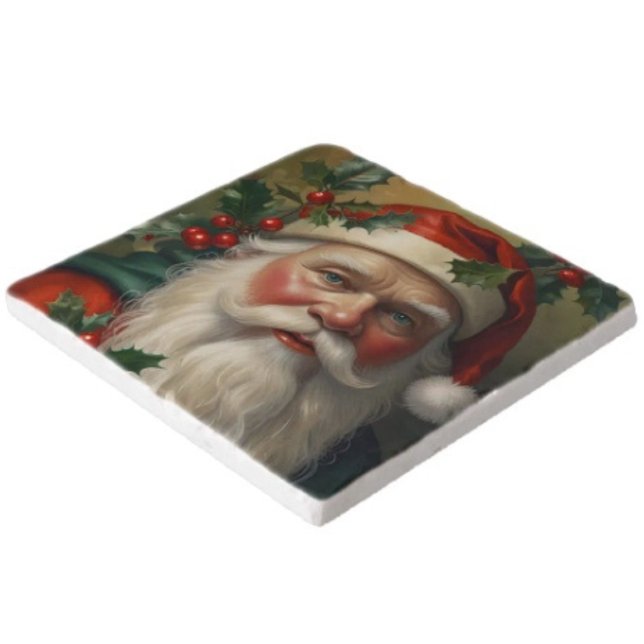 Santa With Mistletoe Trivet (Stone trivet. Dimensions: 6" x6" two types of stone. Cork backing scratch free. )