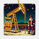 Santa With Oil Pump Jack With Christmas Lights Ceramic Ornament