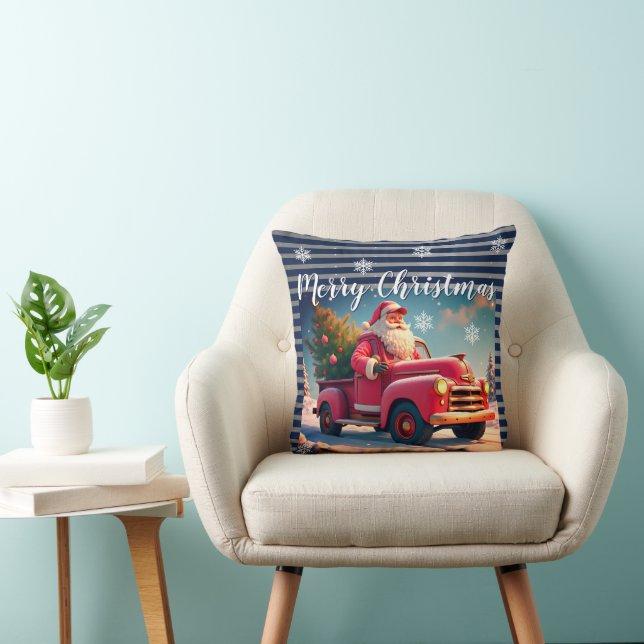 Santa With Old Pink Truck Throw Pillow (Chair)