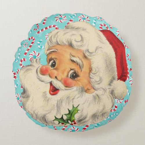Santa with Peppermints Round Pillow