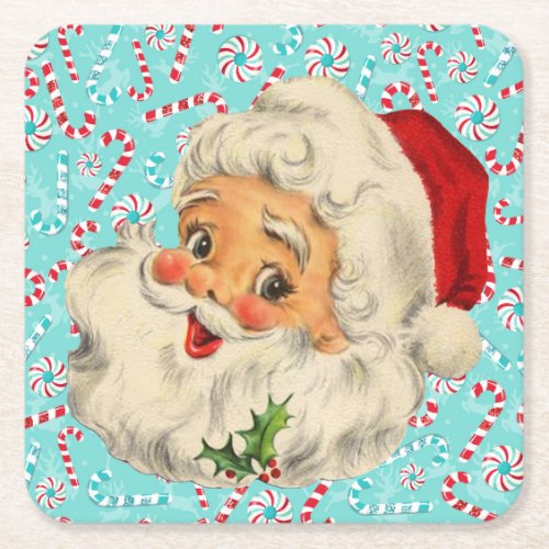 Santa with Peppermints Square Paper Coaster