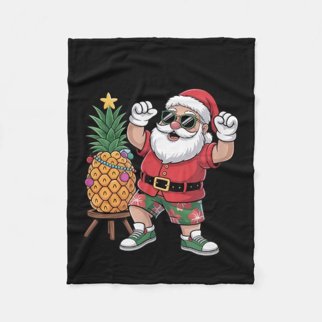 Santa With Pineapple Christmas Tree In Summer Time Fleece Blanket (Front)