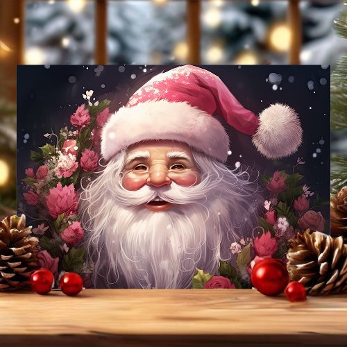 Santa with Pink Roses Christmas Holiday Card