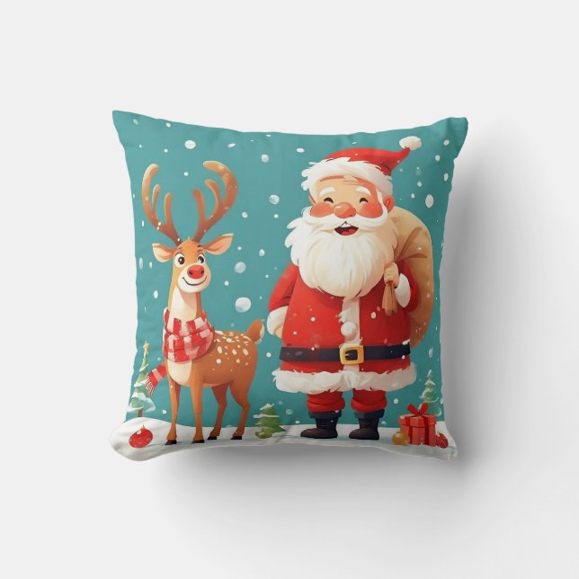 Santa with Reindeer Celebrating Christmas Throw Pillow (Front)