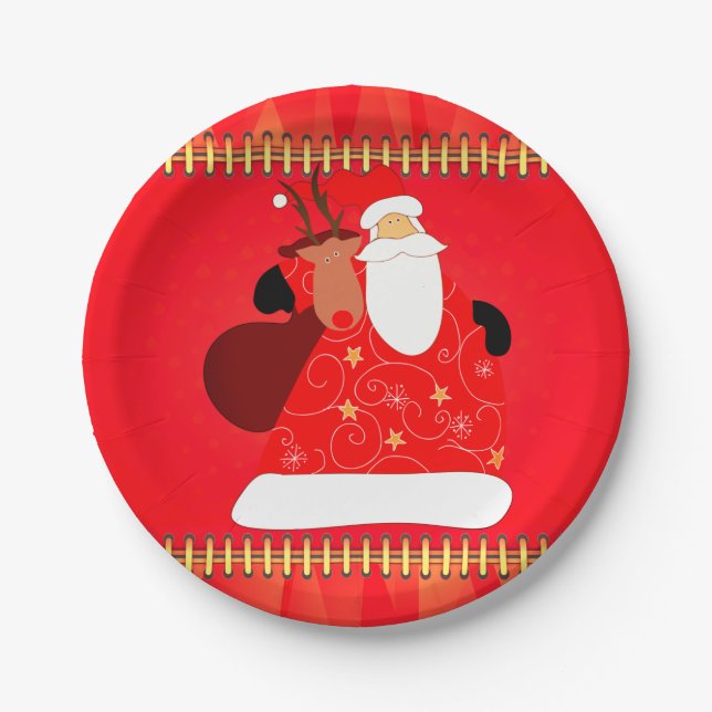 Santa with Reindeer Christmas Holidays  Paper Plates (Front)