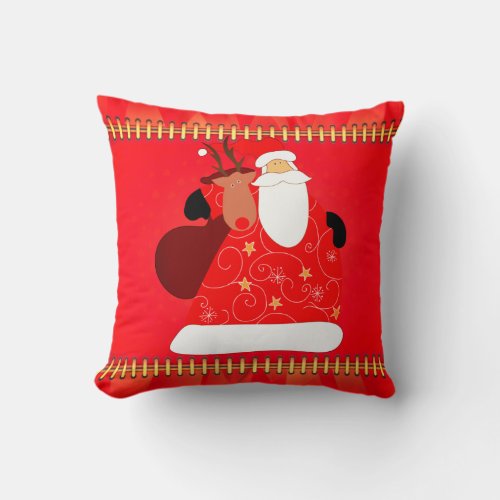 Santa with Reindeer Christmas Holidays  Throw Pillow