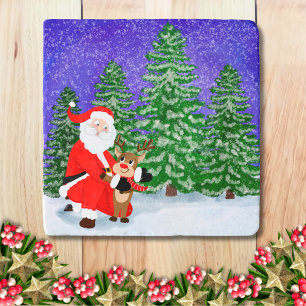 Santa With Reindeer On Christmas Eve Trivet
