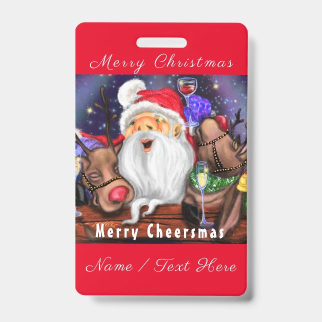 Santa with Reindeers Christmas Badge Custom Name (Front)