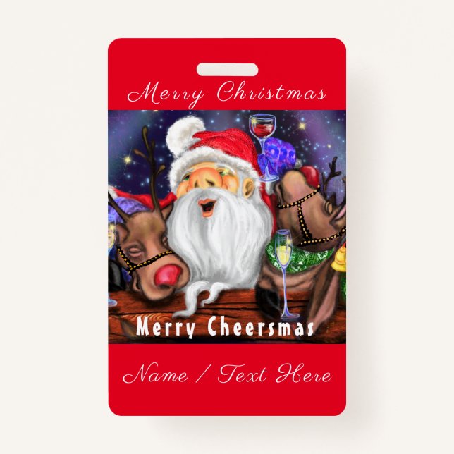 Santa with Reindeers Christmas Badge Custom Name (Front)