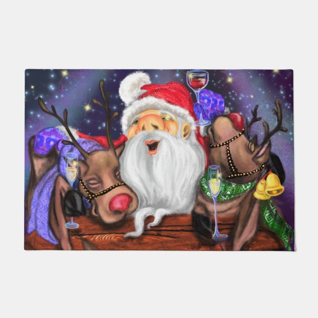 Santa with Reindeers Funny Christmas Doormat (Front)
