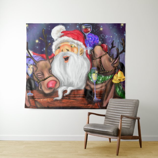 Santa with Reindeers Funny Christmas Tapestry (In Situ (Horizontal))