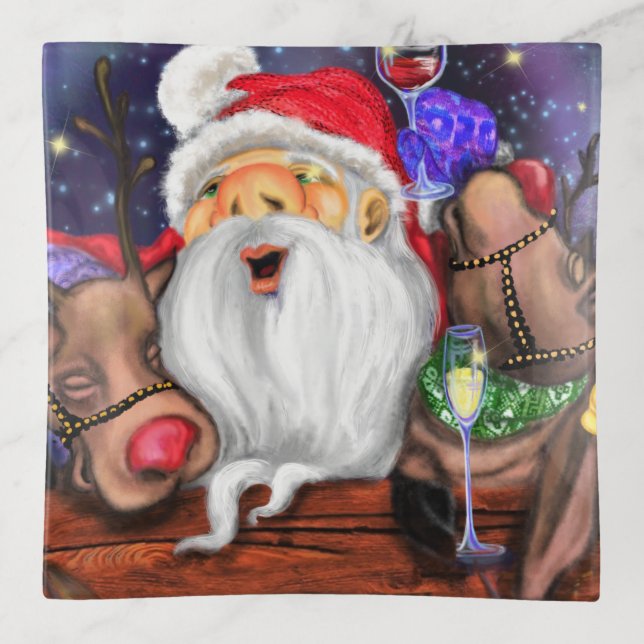 Santa with Reindeers Funny Christmas Trinket Tray (Front)