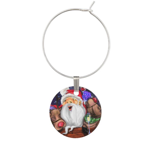 Santa with Reindeers Funny Christmas Wine Charm (First Charm)