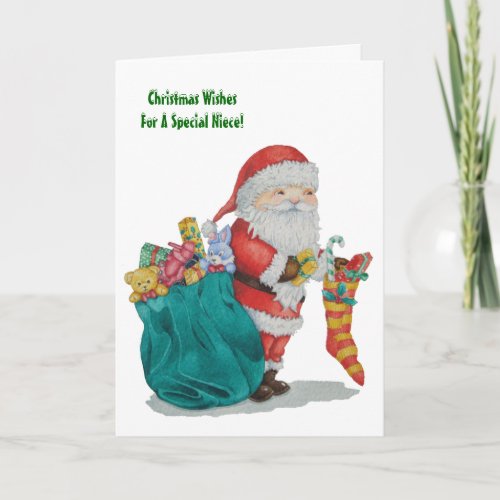 santa with sack and toys and gifts for christmas holiday card