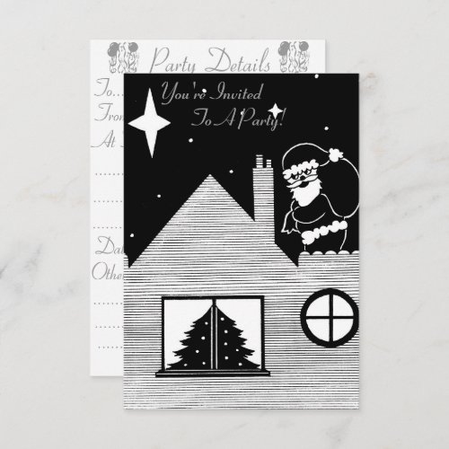 santa with sack on roof black and white christmas invitation