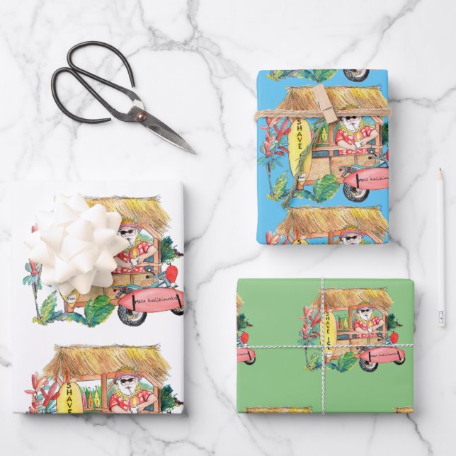 Santa with Shave Ice Mele Kalikimaka Wrapping Paper Sheets (Front)