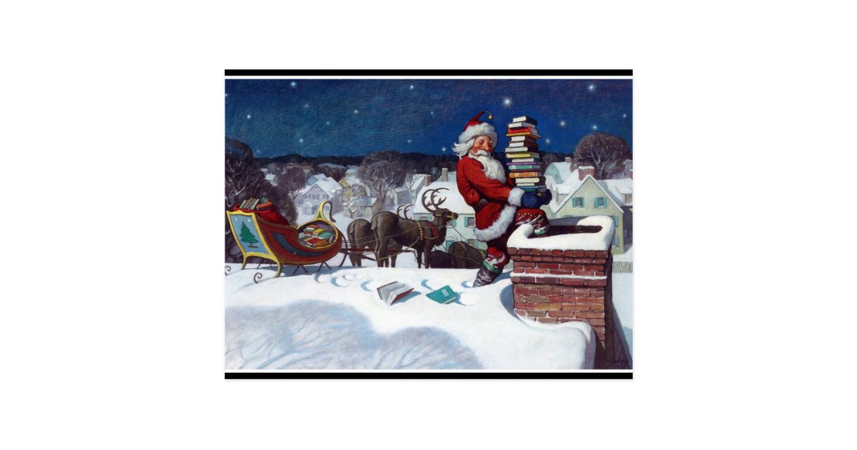 Santa With Sleigh Full Of Books Fine Art Painting Postcard Zazzle Com