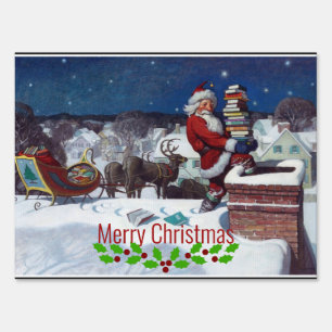 Santa with Sleigh Full of Books, vintage artwork Sign
