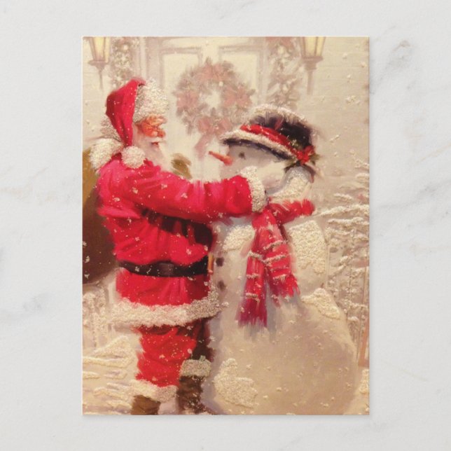 Santa with Snowman Vintage Christmas Holiday Postcard (Front)
